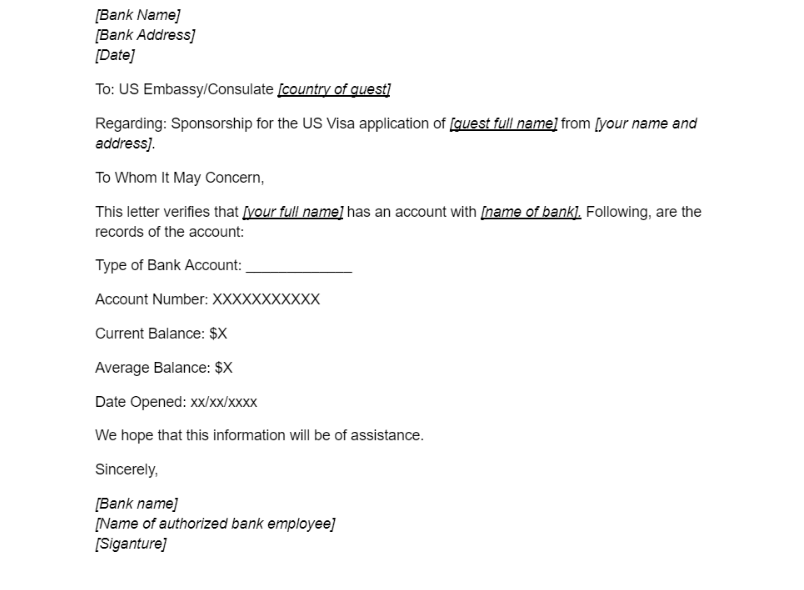 sample bank account verification letter for us visa