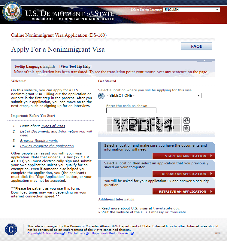 ds160 log in page