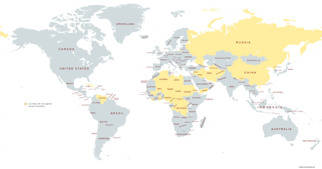 map of countries that require visas for canadian passport holders